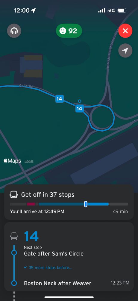 Screenshot showing a deviation of the 14 onto a shopping center ending with a full roundabout to reverse direction.