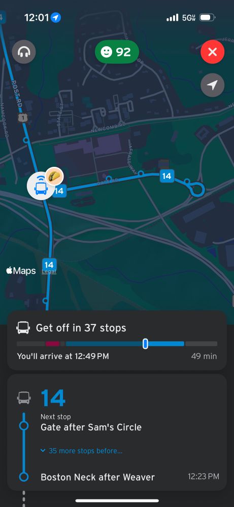 Screenshot showing a deviation of the 14 onto a shopping center ending with a full roundabout to reverse direction.