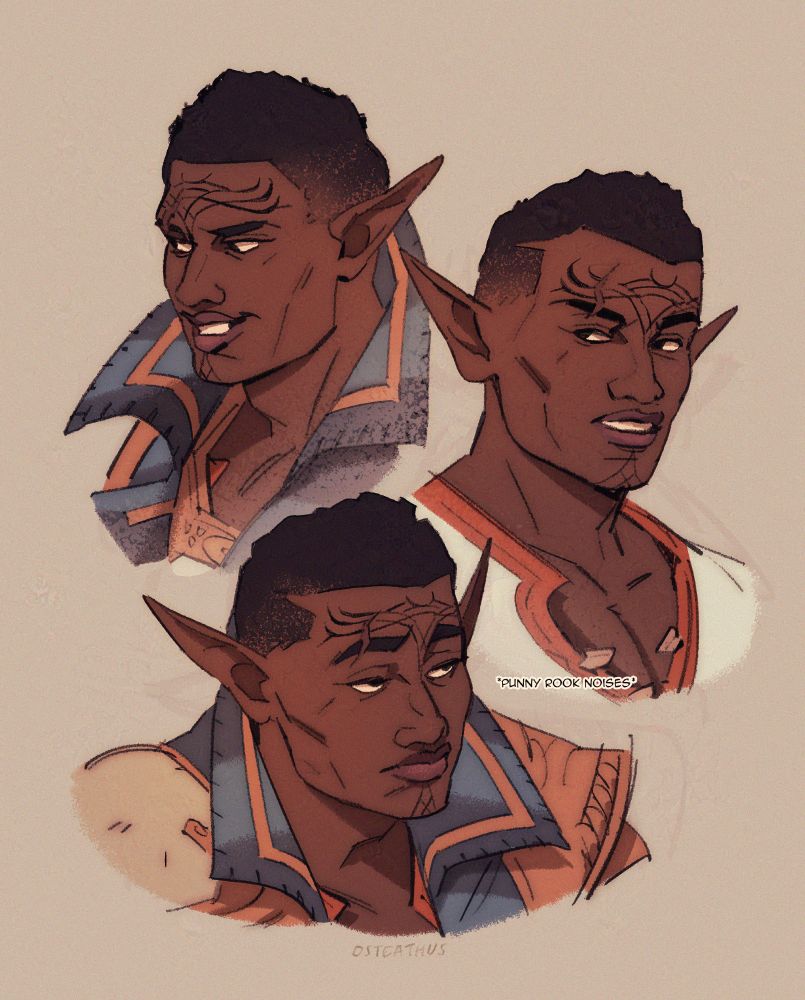 collection of three bust drawings of davrin from dragon age: the veilguard, a black elf man with a scar over his right eyebrow, and vallaslin tattoos on his forehead and chin.

on the top left, he is grinning and looking to the left, wearing his high-collared jacket. on the middle-right, he seems to be speaking a little more seriously, wearing just his casual shirt. on the bottom, he is in a hunched position, dressed in his usual coat, and lowering an unimpressed gaze to the right. next to him is small text that reads: *punny rook noises* [end id]
