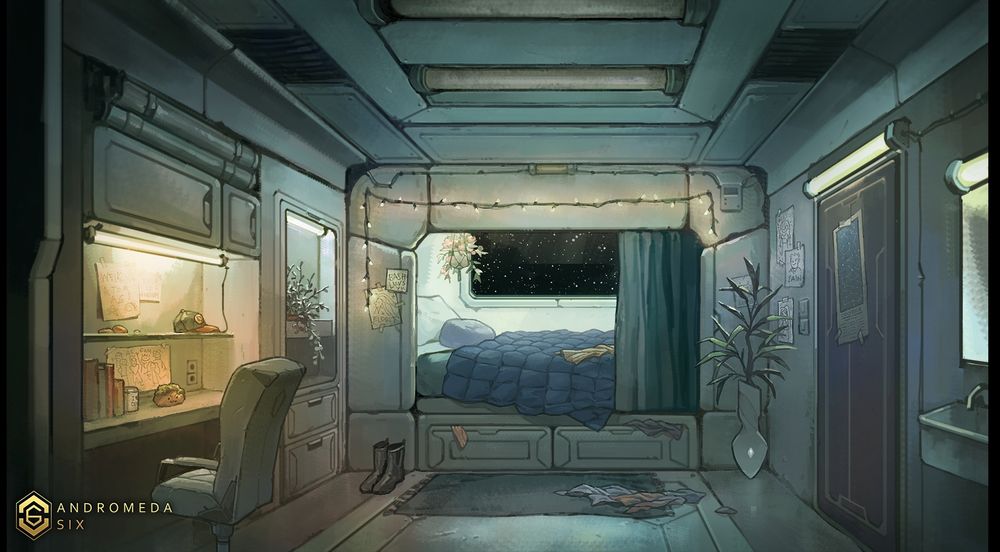 image of mc's sci-fi ship's bedroom. in the centre-back is a bed nook with a curtain, a flowering plant hung above, and a window with a view of space outside. on the right is a closed door, a floating potted plant, a sink, and a mirror. on the left are a set of shelves, and a desk nook complete with chair, books, and other knick-knacks.

the room is dimly lit by fairy lights over the bed, and lights from the desk and the right-hand door. some clothes are strewn about the floor and bed, and a number of small drawings are pasted on the desk and bed. [end id]
