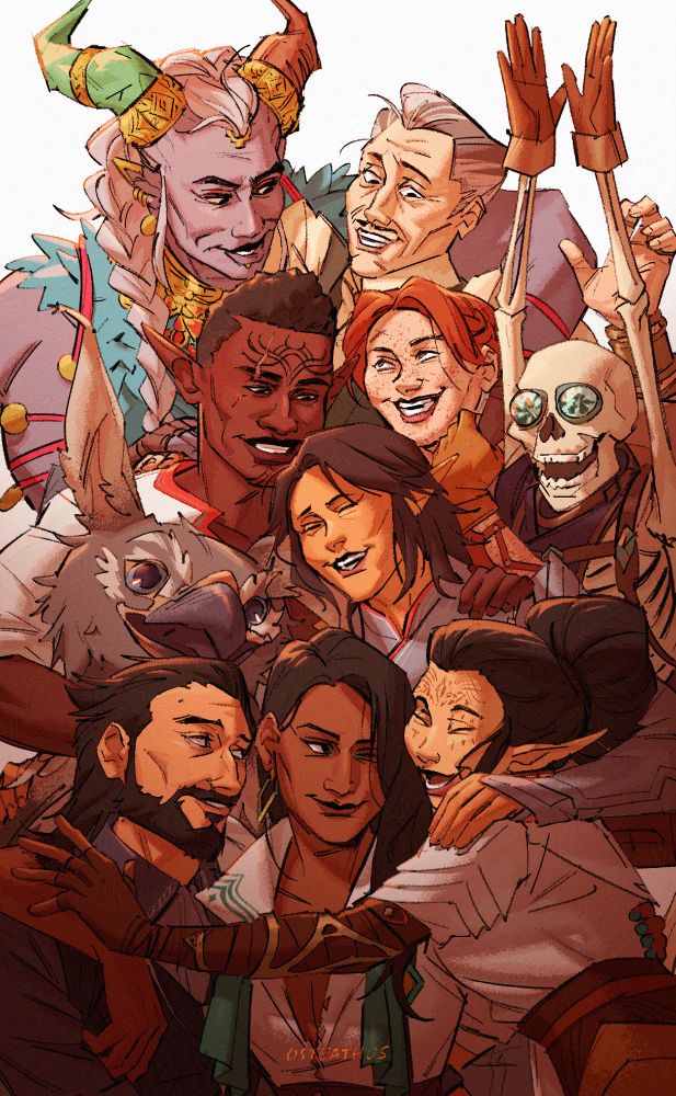 image of all the veilguard companions + shadow dragon rook embracing together in their casual clothes.

from the top left: taash, who is hugging emmerich and harding together with one arm, while their free hand rests ohardings. manfred is cheering from the right. in the middle, assan smiles from the left, and davrin smiles down at and is holding endras, who in turn has one hand on assan, and another resting on bellara's shoulder. on the bottom row from left to right: lucanis has one arm around neve's waist, while neve has one arm slung over his shoulders and another on bellara's waist. bellara is excitedly reaching out towards them both to hug them close. everyone is smiling and holding one another [end id]