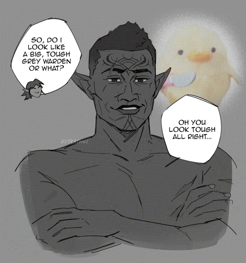 image of davrin with his arms crossed looking very bemused and perhaps endeared, and also very shirtless. text bubble on top left (from endras) reads: "so, do i look like a big, tough grey warden or what?'. davrin's bubble reads: "oh you look tough all right..." floating next to him is the faded image of the stuffed duck holding a knife meme. [end id]
