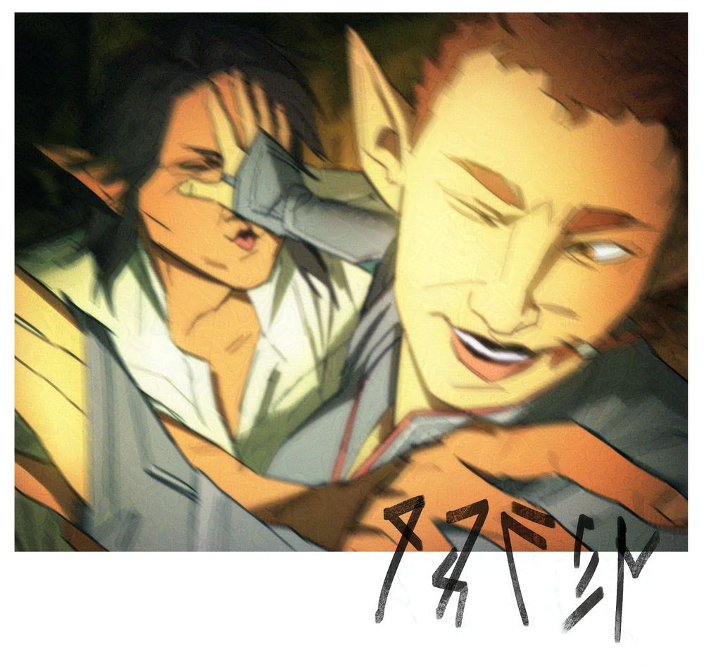 image made to look like a polaroid candid. close-up shot of finch mercar (an elf with light skin, golden eyes, curly ginger hair in a mullet and braid. wearing the tunic noir) laughing and pushing away endras mercar with one hand on his face as they try to lean in for an exaggerated smooch. 'finch' is written on the bottom of the photo in tevene. [end id]