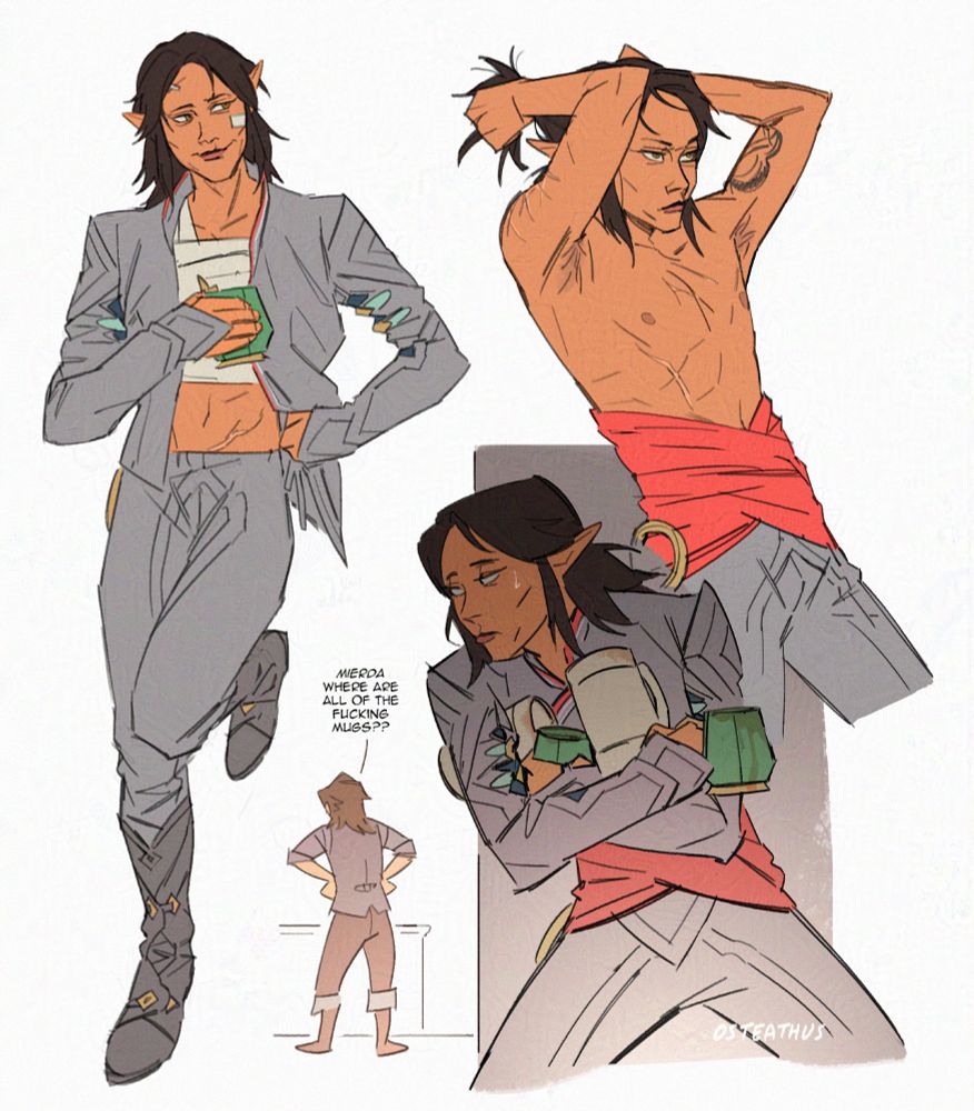 sketches of endras 'rook mercar' in various casual situations. on the left is a full body sketch of them standing, dressed in casual attire with the sash gone and jacket open to reveal their bandaged chest. they are leaning back with a cup of tea in their hand. on the top right is him shirtless from the waist up, pulling his hair up presumably for a ponytail. on the bottom left, endras is hiding hiding behind a wall with an armful of mugs. in the back, lucanis has his hands on his hips saying "mierda, where are all of the fucking mugs??" [end id]