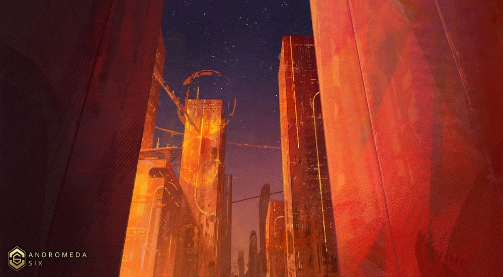 image of a city alleyway in the gold district of goldis. beyond the walls of the alley, the view looks out onto other tall buildings and skyscrapers that line the street ahead, all in blazing gold and orange colours. lights blink from within them, and bridges arch and travel between buildings. faint mountains can be seen in the distance, as well as stars in the night sky. [end id]