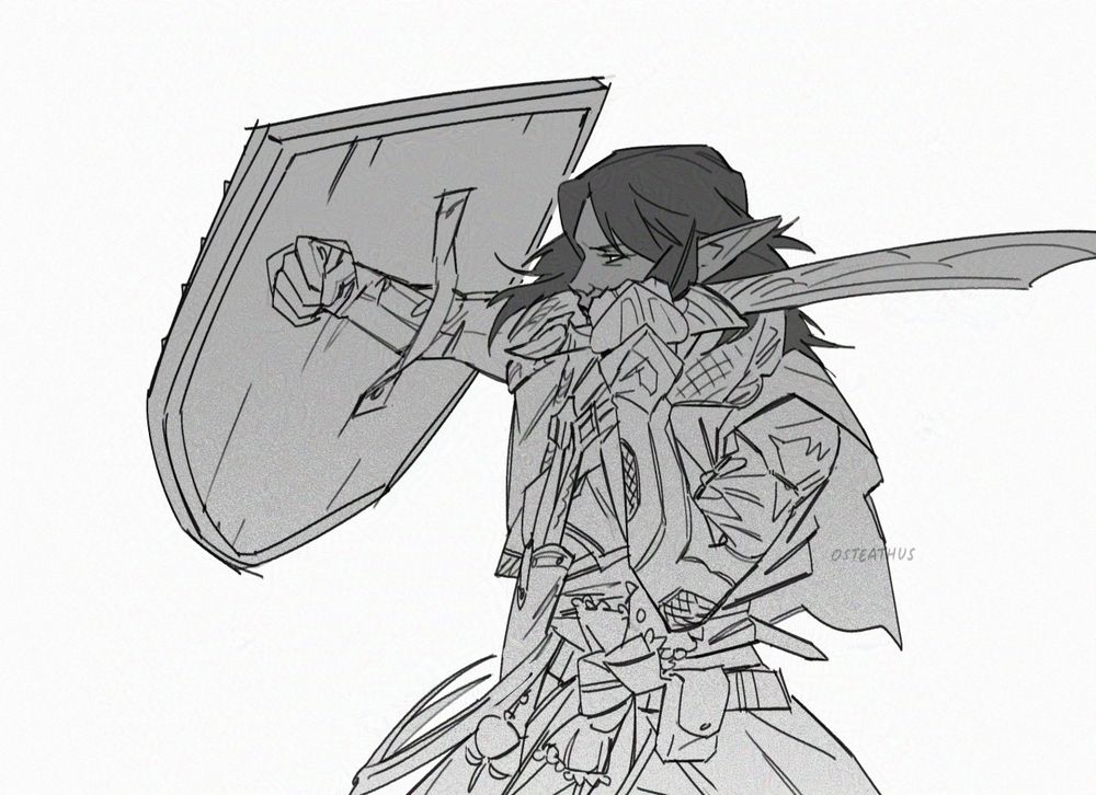 image of endras "rook" mercar from the waist up and facing left, slightly in profile. they are dressed in scrapper's obscuring textiles, and are moving in a fighting stance. he is armed with davrin's standard shield and griffon's talon longsword. one hand has the shield raised up to block, while the other is holding the longsword up, preparing to strike. [end id]