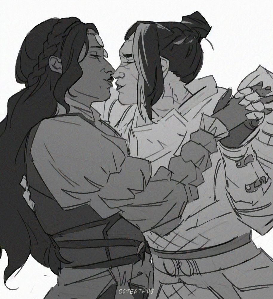 image of older josephine montilyet and inquisitor tara trevelyan leaning in to kiss one another in a sappy fashion. tara has one hand on josephine's waist, while her left hand grasps josephine's, their fingers entwining. [end id]