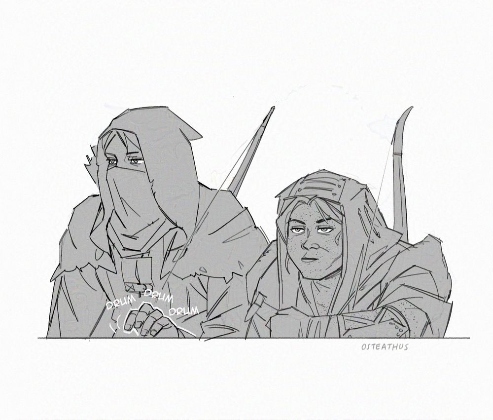 part 1. sketch of endras (rook) and harding hiding behind a ledge or wall, fully armed and dressed in the beginning rogue outfit and regular outfits respectively. endras has his hood up and a scarf covering his face, while harding has her hood up. one of endras' hands is drumming on the ledge as he stares ahead, and harding is also looking ahead with a flat expression on her face. [end id]