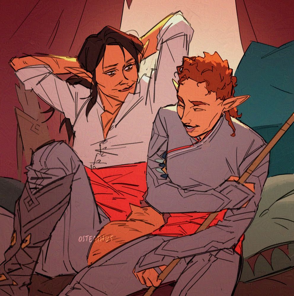 image of endras and finch sitting amongst plush cushions and hanging out, both are dressed in shadow dragon casual wear. both are elves, endras is older with tan skin, dark hair and a pointed face. finch is younger, with lightly tan skin, curly red hair, and a more softly shaped face. endras is leaned back with his arms behind his head and his hair is long and pulled into a messy ponytail, he wears a simple shirt but has the sd casuals sash, pants and boots. he has a small smile as he watches finch fondly. finch is leaned forward and chuckling, eyes closed, a staff held loosely in their arms [end id]