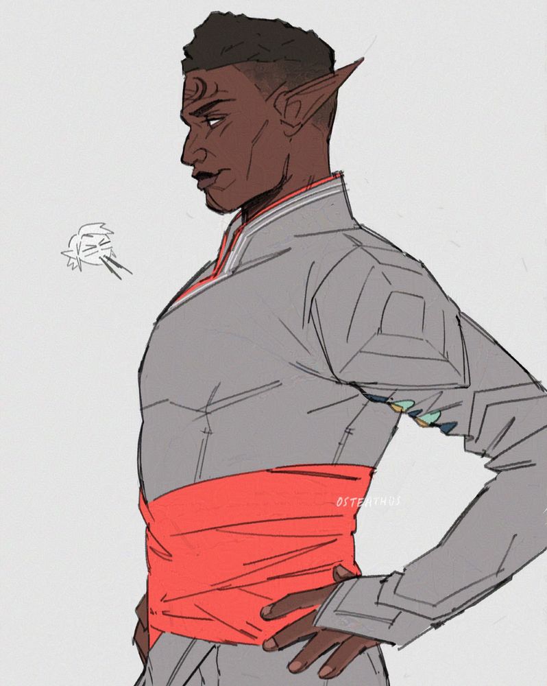 image of davrin from the waist up in profile. he stands with a confident look on his face, hands on his hips. he is wearing the shadow dragon casuals. next to him is a small chibi of endras 'rook' mercar's head that is experiencing a massive nosebleed. [end id]