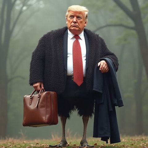 Donald Trumps head on an Emu