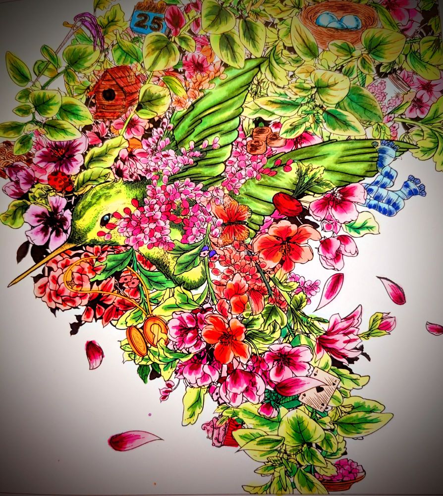 Full view of the entire piece. Colored with copic markers and micron pens, the image is full of shades of green and yellow with pops of red, pink, and orange. 