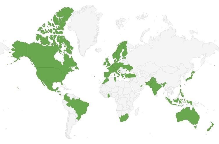 World map with 45 countries highlighted in green.