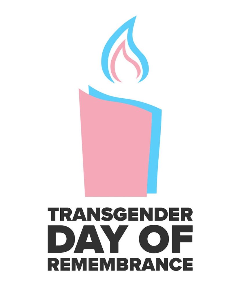 A pick and blue candle on a white background with the words transgender day of remembrance in black underneath