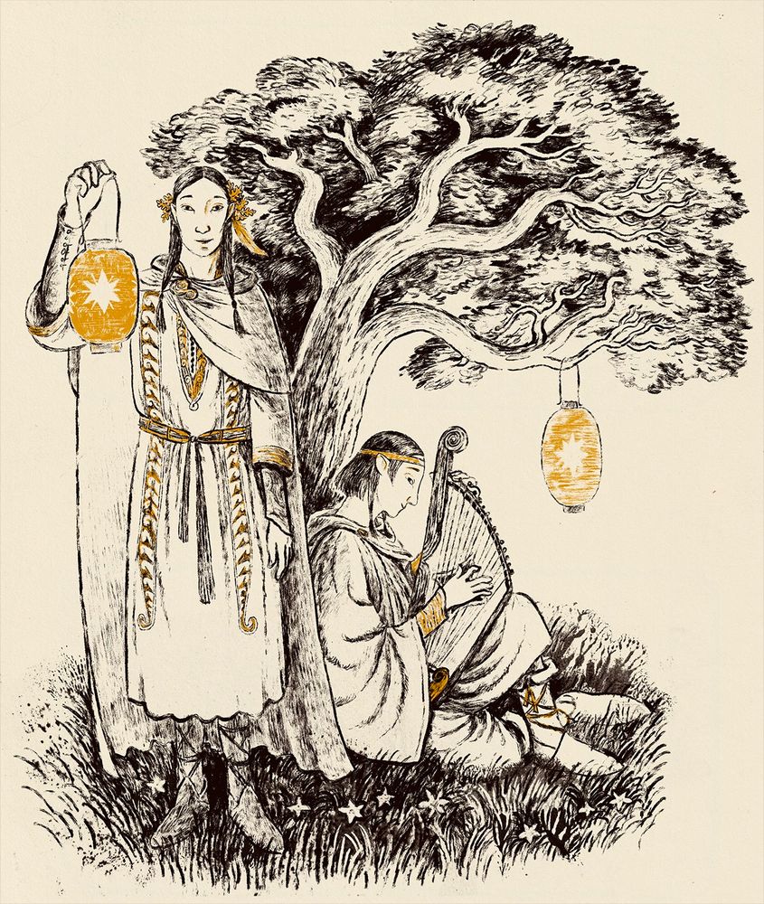Two elves, one holding a lantern, the other playing a kantele