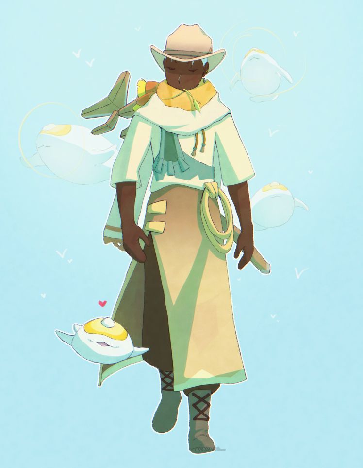 A sky kid from the game Sky: Children of the Light, dressed like a rancher with a few manatee surrounding them. They look down at a baby manatee that is excited to be flying beside them.