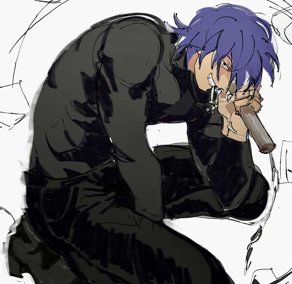 Quick sketch of legato from trigun maximum crouched over, his right hand placed on the ground between his legs for balance. He holds the chains to his weapon, Guernica, in his left hand. He is shown grinning beneath the layer of bangs that obscure his face, with the cross of his necklace between his teeth.