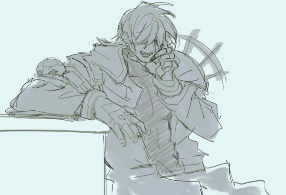 a greyscale sketch of legato from trigun maximum from the waist up. he is resting his right arm on an ambiguous structure (table, shelf, etc.) and tapping the left side of his face with the other (his cheek rests on his pointer and middle fingers while his thumb supports his chin)
long bangs obscure his gaze as he speaks through a grin—either to another person off screen, or to himself in contemplation.