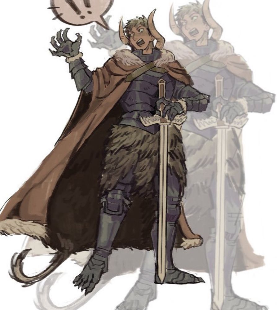 Colored illustration of Laios’ alternate design from Dungeon Meshi. In it, he is facing the viewer and wearing dark grey plated armor with a fur pelt strewn around his waist and a lion-skin cape across his shoulders. Two horns extend from the collar-piece of his armor. He is holding kensuke, blade down, in his left hand and throwing the other in the air. His wrists are accompanied by fur cuffs, and his metal gloves and boots are adorned with claws, much like that of a lion’s. His face is turned askance, a harsh bubble of exclamation points leaving his mouth.