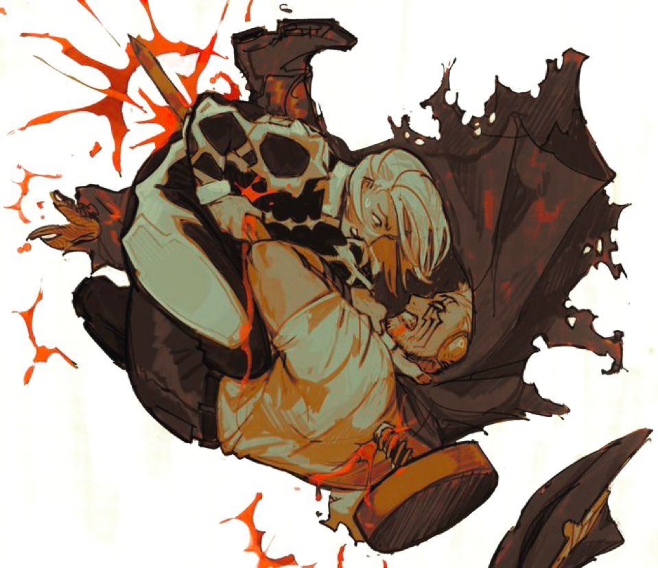 Colored illustration of Livio, Razlo, and Elendira from trigun maximum dual-impaled on one of Elendira’s crimson nails. Livio and Razlo, closest to the head of the nail, fight back against Elendira (above) as she wraps a hand around their throat. The piece is drawn with heavy downwards movement, as blood sprays from the nail’s impalement and Livio’s amputated leg. His hat is thrown below him, and his cape flies above, surrounding him and Elendira in their deadly tussle.