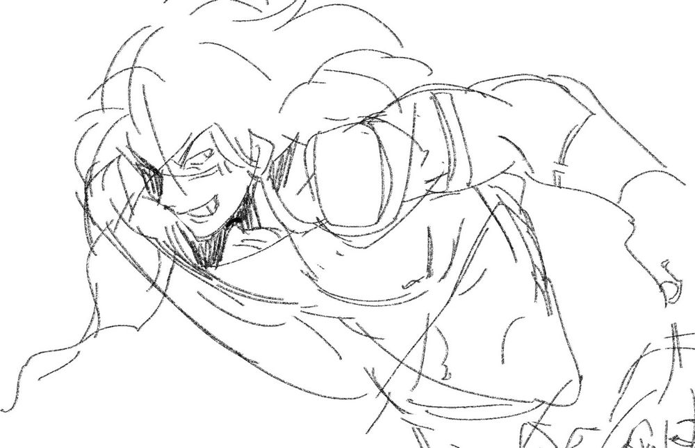 black and white sketch of mahito. he is smiling and looking off to the right, hunched over as though he were ducking.