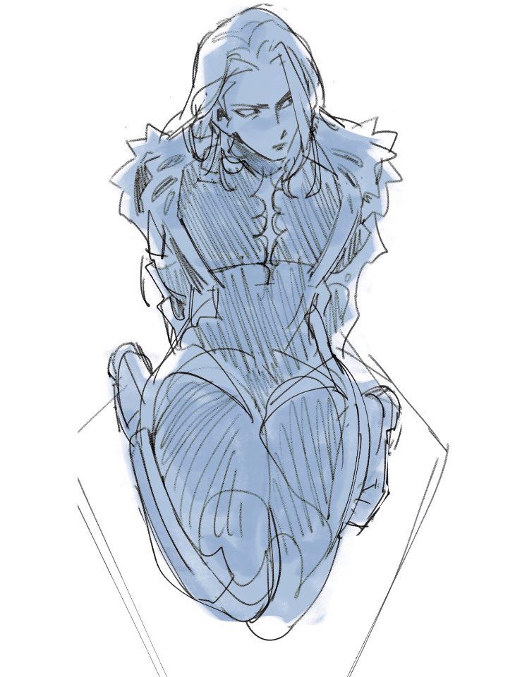 black sketch of elendira with a solid blue base. she is sitting back on her heels with her arms braced on the ground behind her. she looks off to the right with discontent 