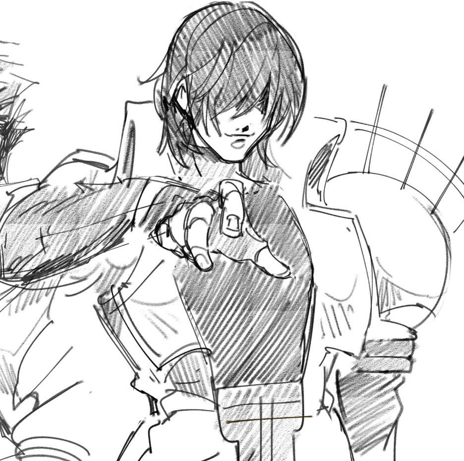 black and white sketch of legato menacingly stretching his right arm forward towards the viewer, his fingers splayed as if he’s about to manipulate a puppet. his face, aside from a smirk, is obscured by his long bangs