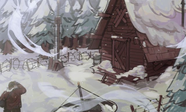 colored illustration of the mystery shack and its forested landscape during the winter of 1982. thick piles of snow—colored with various off-whites, purples and yellows—blanket the roof and deck below. a strong,  frigid gust of air sweeps across the forefront of the image while stanley anxiously approaches from the bottom left corner. shown only from the back, he is wearing worn-down clothes (a beanie, sweats, and a stained red jacket) and carrying a duffle bag of belongings on his shoulder.

though ford is not drawn here (the twins’ reunion soon to come), his growing paranoia is evidenced by the property’s barbed wire fence and boarded up windows and doors. 