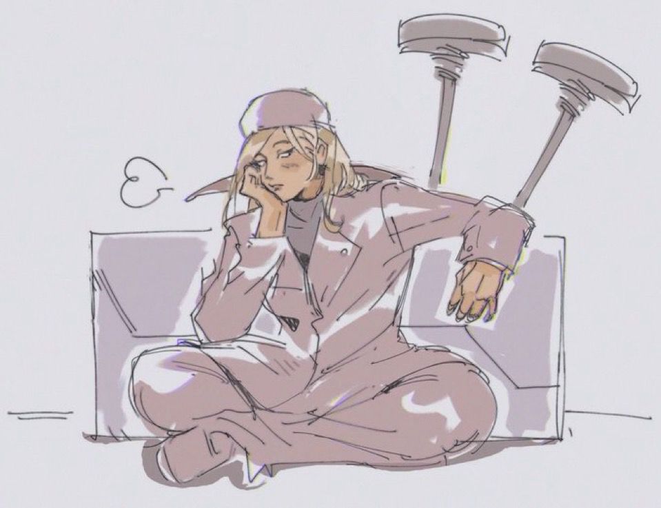sketch of elendira sitting on the ground, arm propped against her briefcase. she looks bored and uninterested, with a sigh escaping her lips. two nails stand upright behind her 