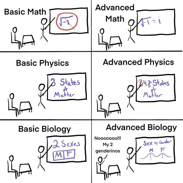 El minicomic de "mi 2 genderinos", en el que se contrasta las mates, física y biología básica con las avanzadas. Solo que en el caso de la biología, en vez de aceptar la avanzada, se queja. 