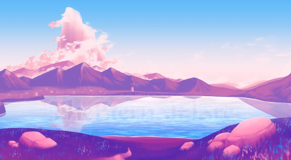 Landscape painting of a lake with mountains in the background. There is a much taller mountain behind the others surrounded by swirling clouds. The foreground is dotted with tall blue and pink flowers and boulders. The palette uses purples, pinks and blues. 