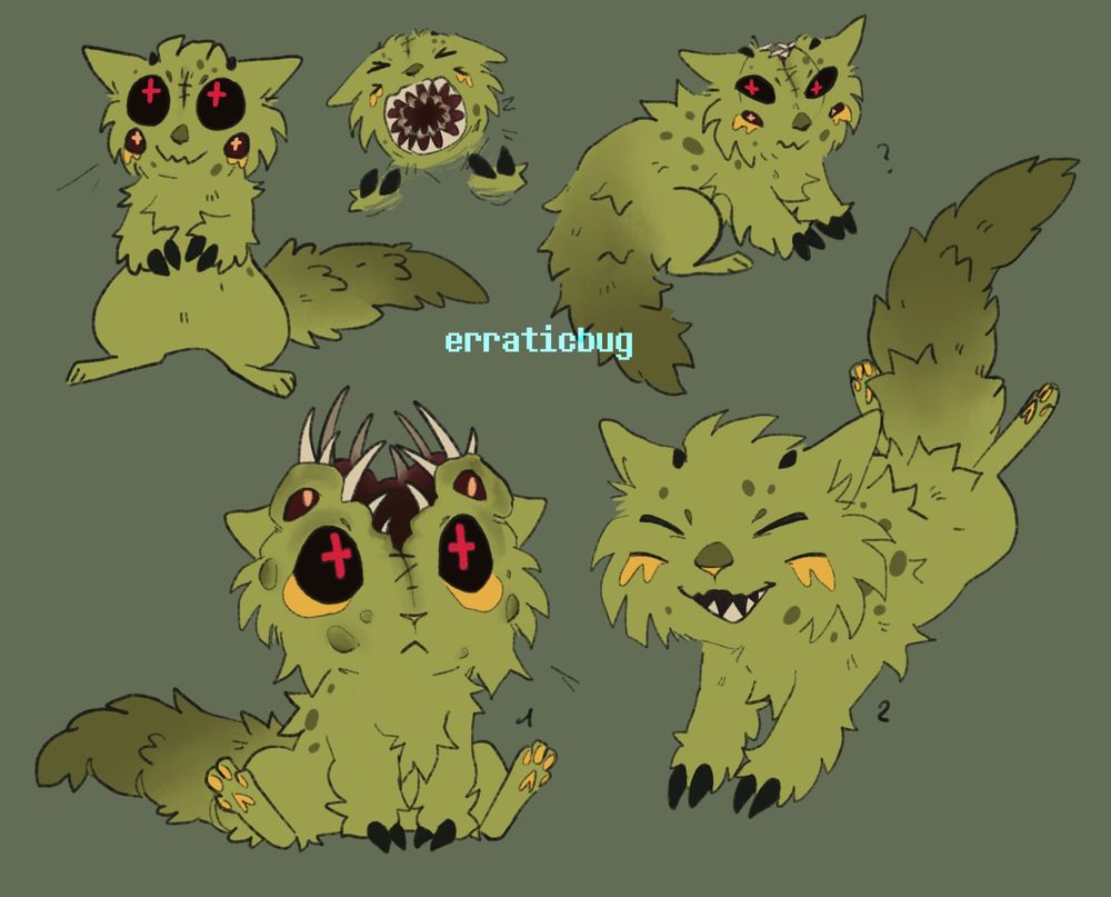 Morel (Cult of the Lamb, Leshycat Fanchild concept based on the abomination that i got from letting them mate. i had never dared make any of the bishops mate with the regular followers before and i never spoilered myself about results, so that was a bit of a jumpscare. i like it though! makes sense! horrible! but i am So convinced Leshy would be a good parent, this little booger is in good claws)