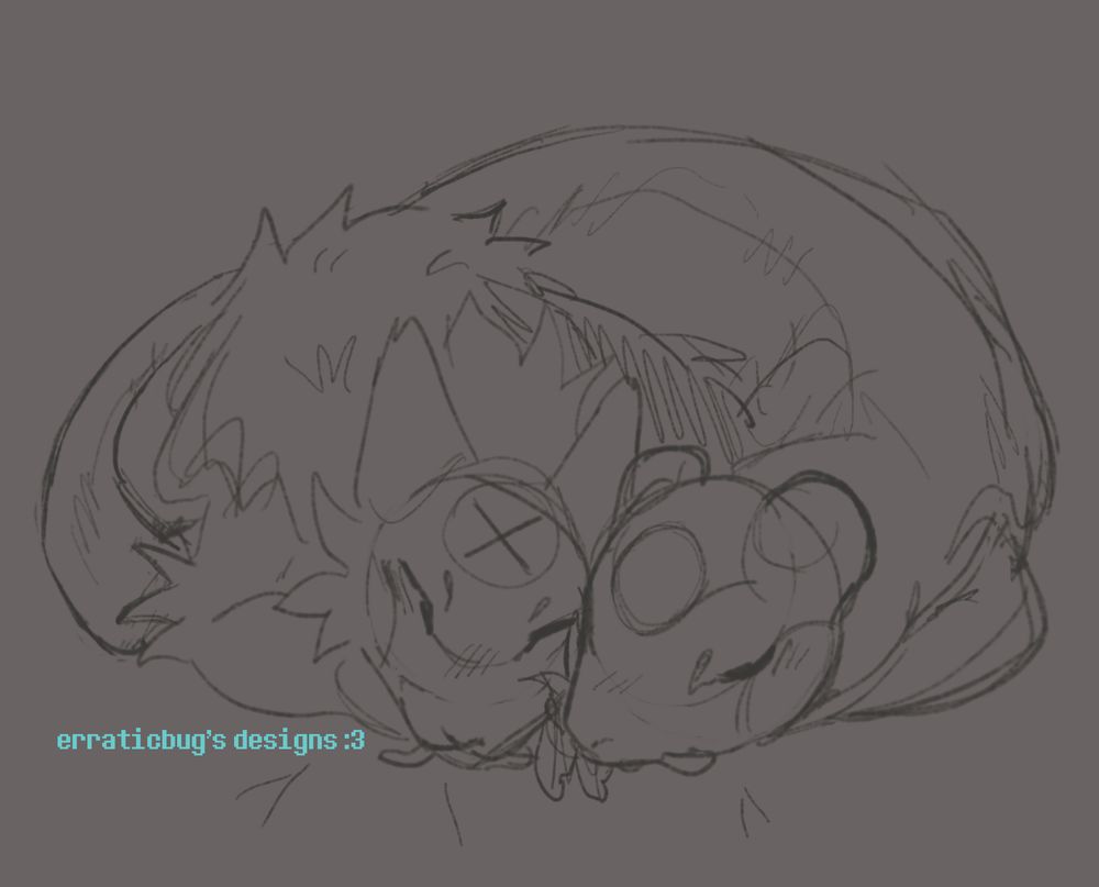 slugcat Sliver of Straw and Looks to the Moon (Rain World iterators) sleepy cuddling in a shelter. sketch