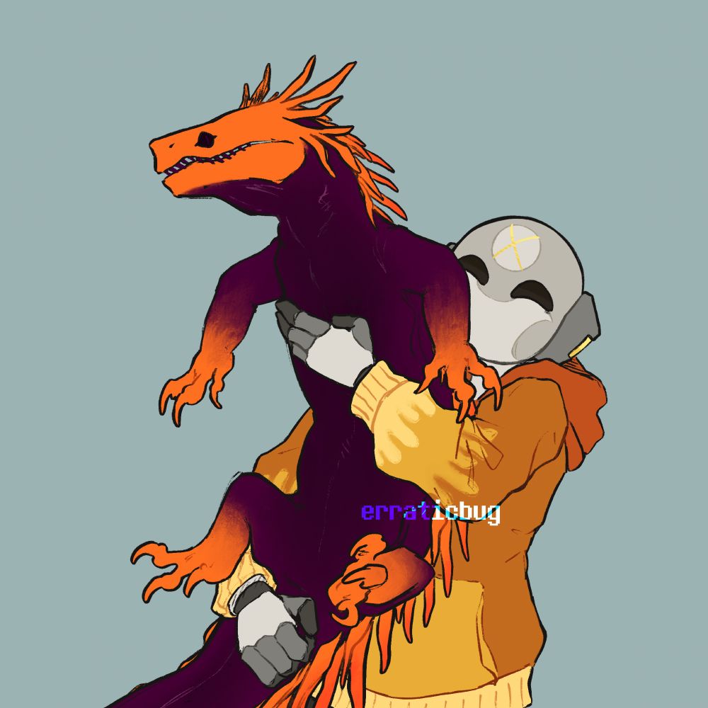 modern AU Sliver of Straw (Rain World) holding up her totally definitely docile and trained young pet red lizard up in her arms. Pebbles is quivering in his boots watch out gayboy
