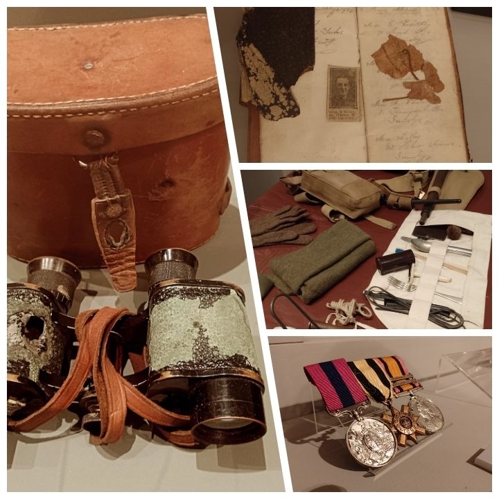 Photographs of binoculars, a paper diary, soldiers' wash kit and medals from the museum collections.