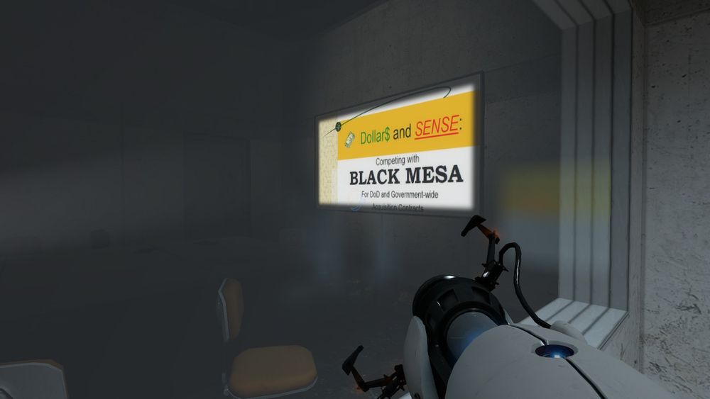 Portal screenshot. A slide from the Black Mesa vs Aperture Science financial presentation.