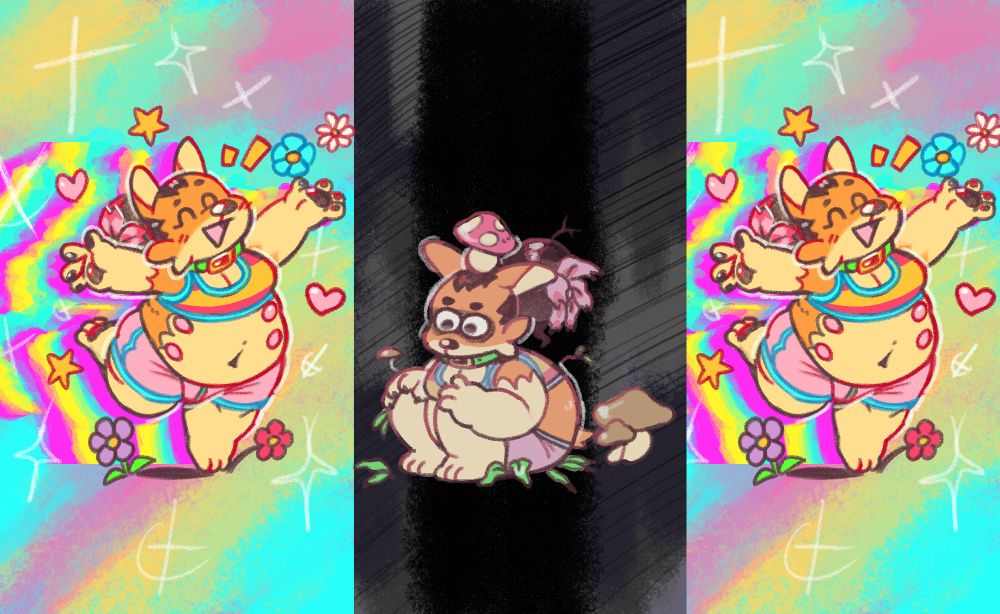 Forde in a left to right sequence in which he starts out happy and joyful in a colorful rainbow, then briefly enters a depressive episode where he has a soul-less expression, with wilting plants and mushrooms adorning him.
He is then returned back to his previous state, as though nothing happened.
