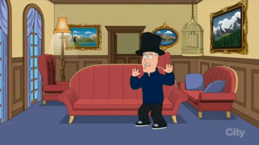 a man in a top hat is standing in a living room with a city logo