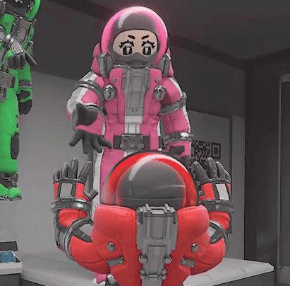 a cartoon character in a pink space suit is holding another character in a red space suit