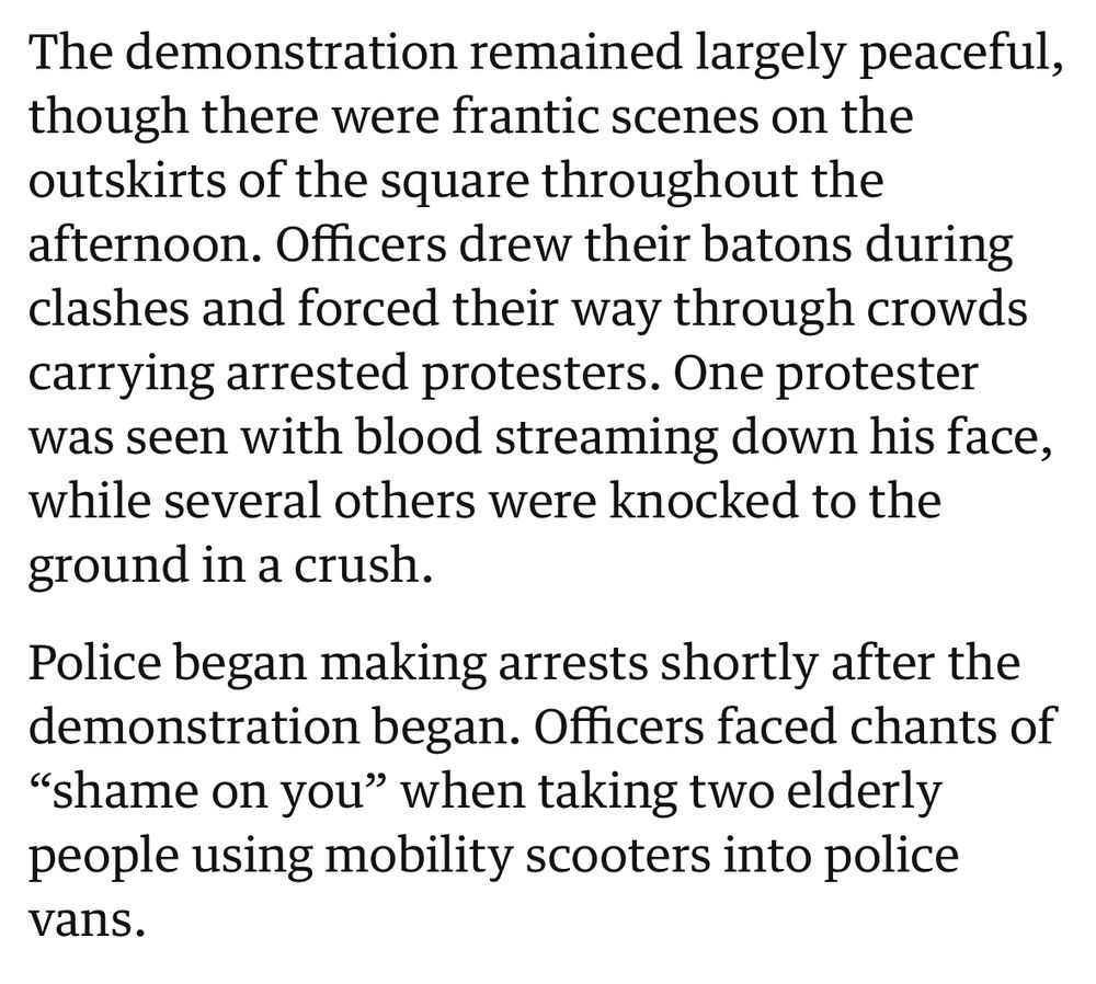 Paragraph describing Met police using batons on protesters on the “outskirts of the square” 