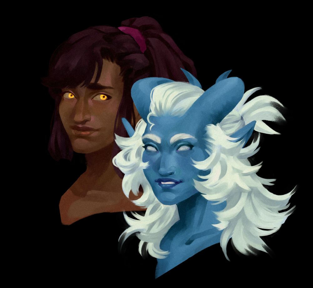 characters belongs to @diosmaden.art, blue pirate demon lady and dark skinned wolf pseudo-angel, go read harrie's comic