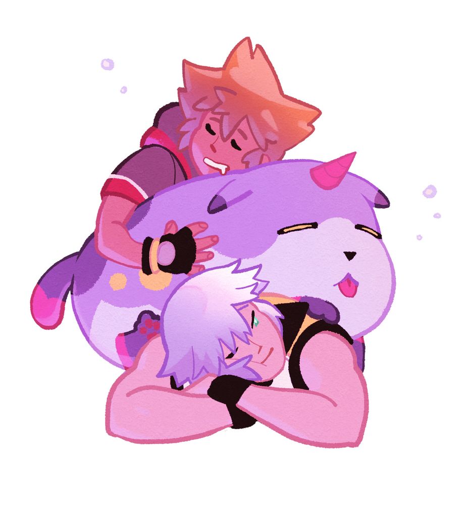 sora, riku, and a meow wow from dream drop distance piled on top of each other, meow wow and sora are sleeping on top, riku has one eye open at the bottom looking up fond