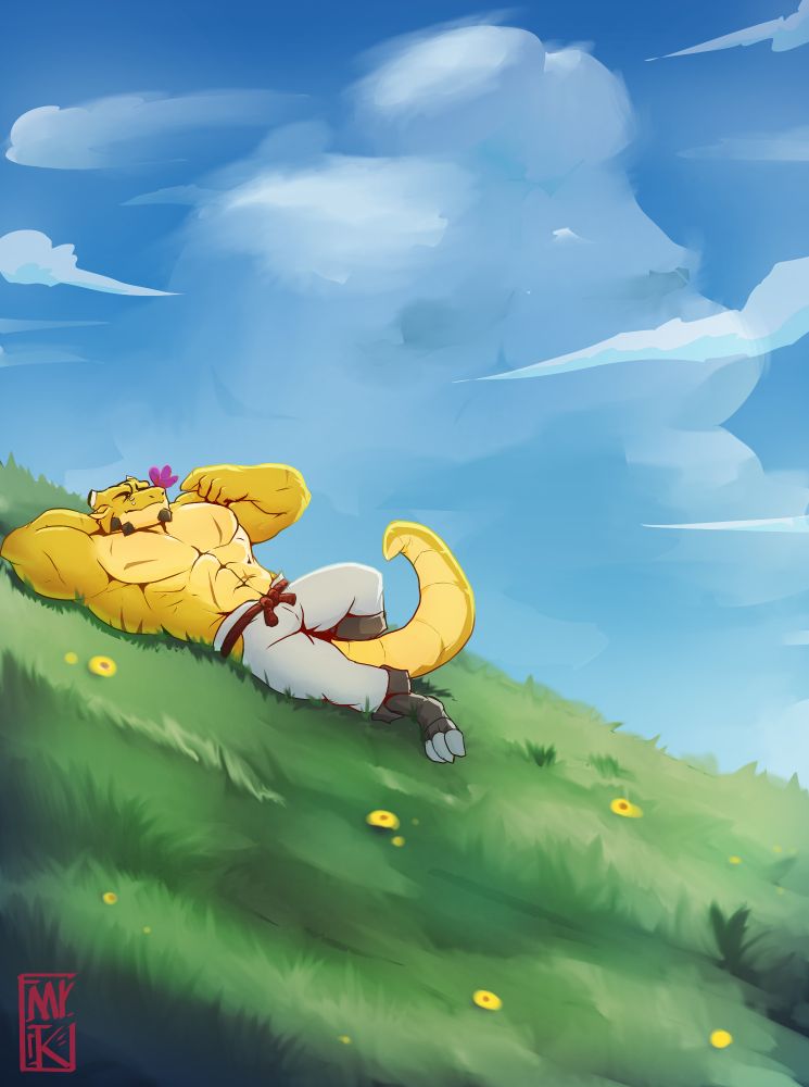 Anthropomorphic dragon laying down on the grass, enjoying the cool weather while playing with a butterfly that just landed on his nose.