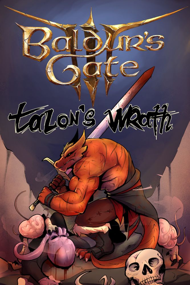 Baldurs Gate 3 fan cover art, features a dragonborn barbarian with a greatsword standing over the body of a mindflayer, with small intelect devourers and human remains surrounding him.