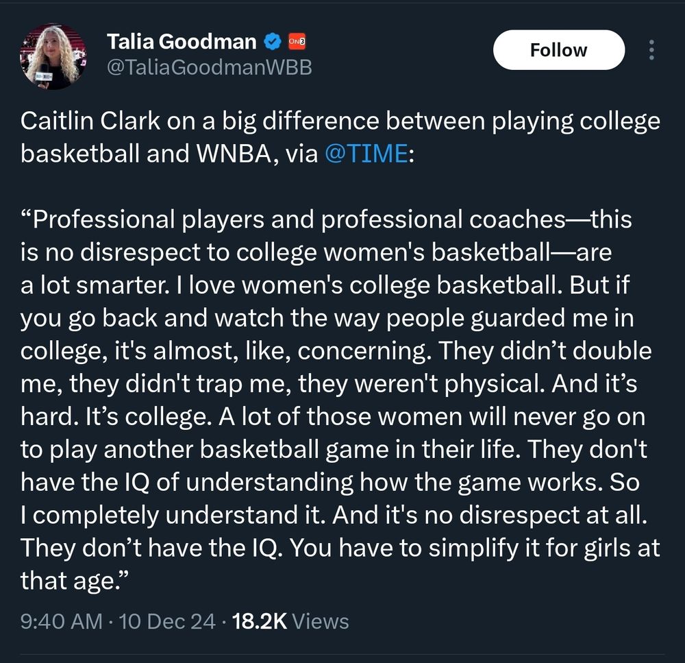 Talia Goodman tweet. It reads:

Caitlin Clark on a big difference between playing college basketball and WNBA, via @TIME: 

“Professional players and professional coaches—this is no disrespect to college women's basketball—are a lot smarter. I love women's college basketball. But if you go back and watch the way people guarded me in college, it's almost, like, concerning. They didn’t double me, they didn't trap me, they weren't physical. And it’s hard. It’s college. A lot of those women will never go on to play another basketball game in their life. They don't have the IQ of understanding how the game works. So I completely understand it. And it's no disrespect at all. They don’t have the IQ. You have to simplify it for girls at that age.”