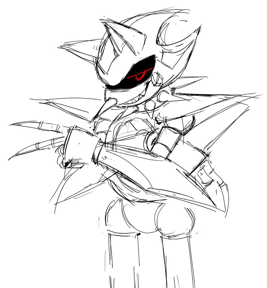 A digital sketch of my AU's Metal Sonic. He has his arms loosely crossed, doing a peace sign with one hand. His optical screen displays a lidded eye and he's grinning. His design has added spikes and shooting star shape paint.