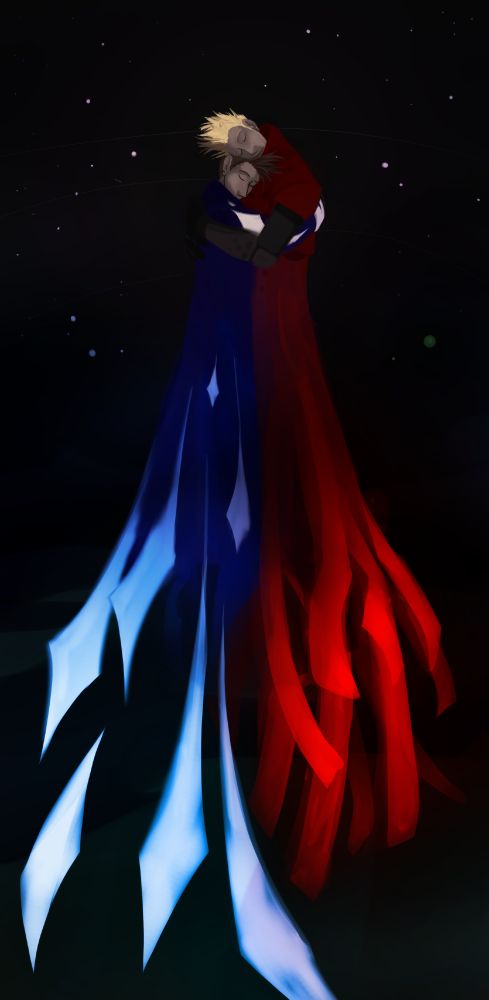 A digital painting of Semmel (left), a Vash fictive from Trigun, and Vash (right) from Trigun hugging. Semmel's signature blue coat with white shooting star shapes blends into the background at the bottom, with multiple shooting stars extending beyond it, like they are falling off of it. Vash is wearing his signature red coat, which also extends downwards longer than it should and is a more intense red towards the bottom. The background is dark, with stars in its upper half.