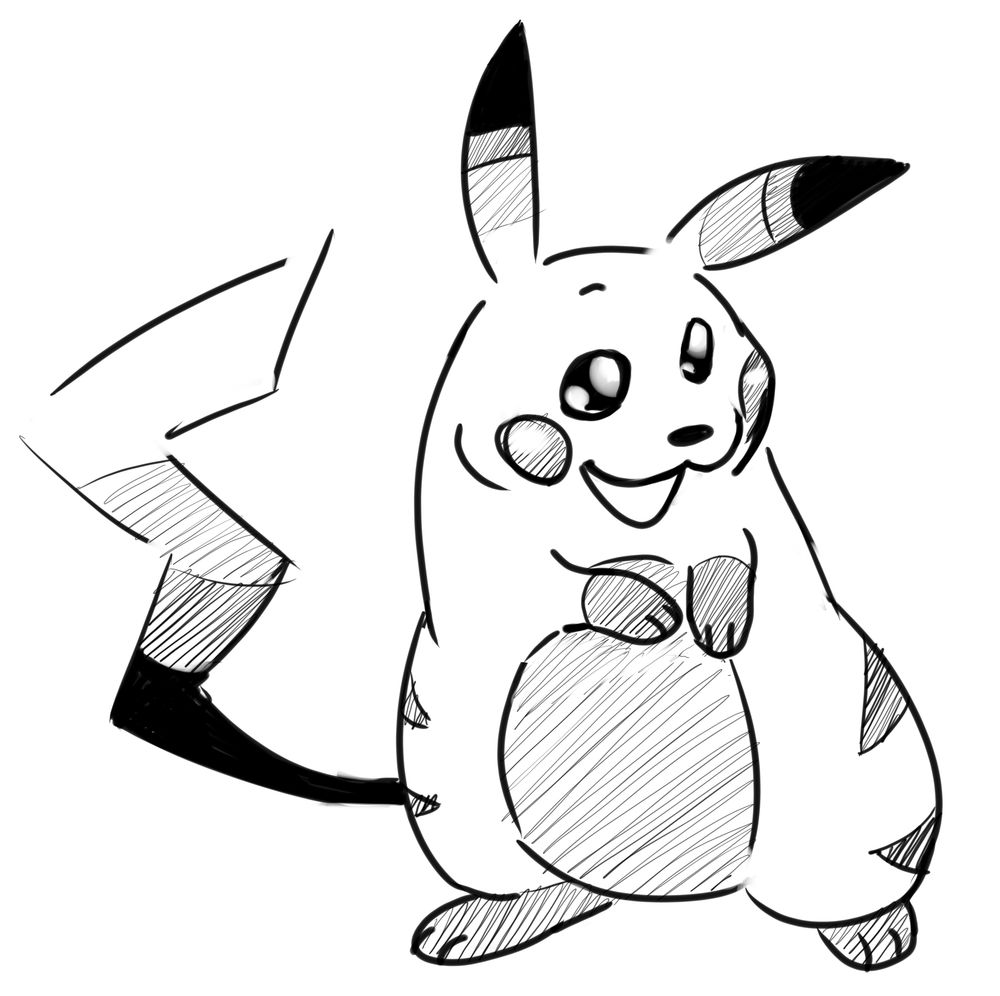 A digital black and white drawing of pikachu's in-game sprite design from Pokemon Red and Blue.