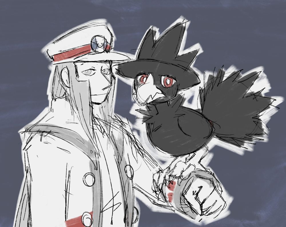 Emmet with longer hair than seen in Black/White. His face is neutral, mouth hardly upturned. He's looking at the viewer. He has an arm raised, on which a murkrow is sitting and also looking at the viewer.