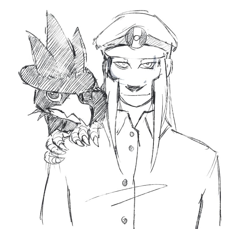 A digital sketch of Emmet from my AU. He has longer hair than in BW and is looking at the viewer with a calm and serious expression, with just barely a smile. His murkrow Leo is sitting on his shoulder, also looking at the viewer from underneath the rim of its "hat".